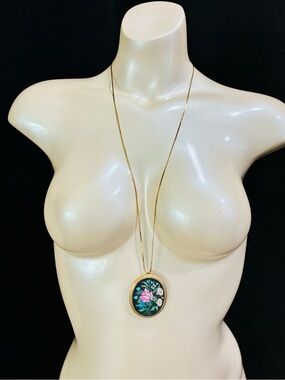 VTG Monet Gold-Tone Chain with VTG Avon BIG Floral Pendant Necklace COLORFUL EUC